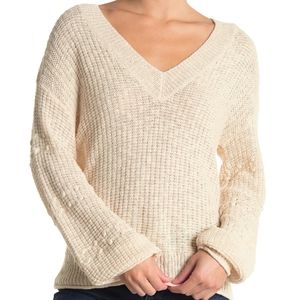Lush Cream V-Neck Sweater Pom-pom Sleeve Small